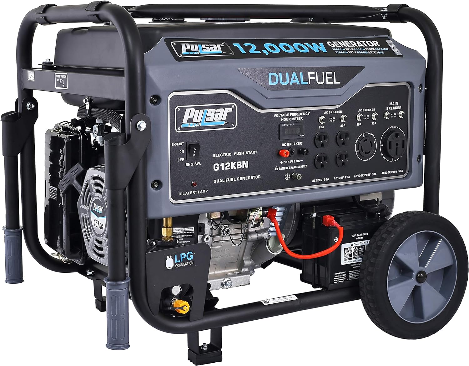 Pulsar G12KBN Heavy Duty Portable Dual Fuel Generator - 9500 Rated Watts & 12000 Peak Watts