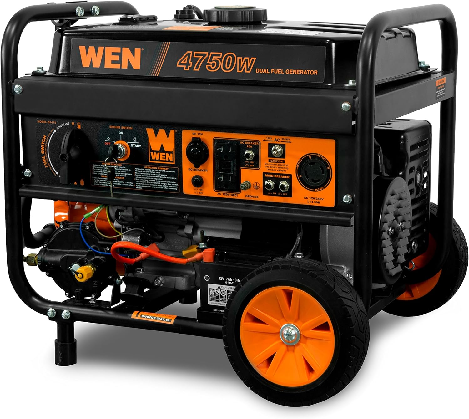 WEN DF475T Dual Fuel 120V/240V Portable Generator with Electric Start Transfer Switch Ready